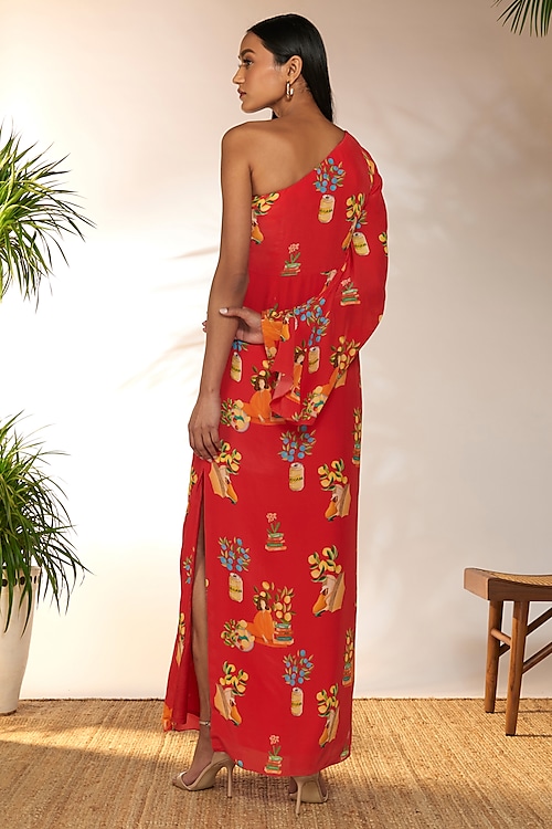 Red Crepe Silk Printed One-Shoulder Kaftan Dress