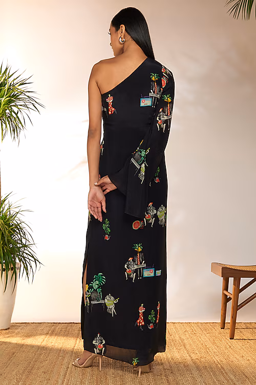 Black Crepe Silk Printed One-Shoulder Maxi Dress